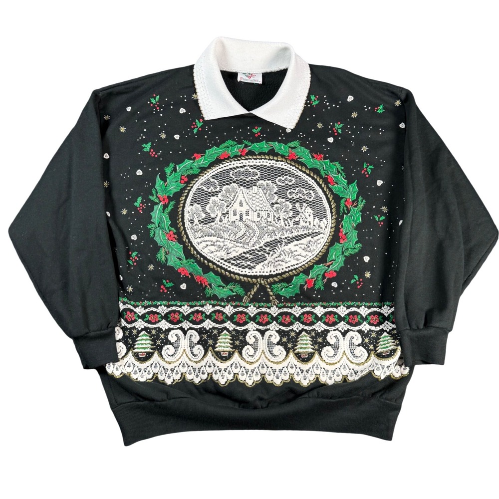 Nutcracker Christmas Graphic Sweatshirt Womens XL Black Collared Holiday Fleece